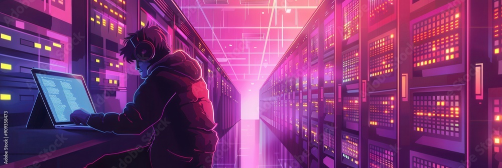 Poster a hacker works intently at a laptop in a neon-lit server room, analyzing data amongst rows of server