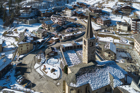 Aerial view of Alagna Valsesia village in the italian alps during winter, Piedmon Region