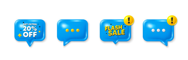 Offer speech bubble 3d icons. Get Extra 20 percent off Sale. Discount offer price sign. Special offer symbol. Save 20 percentages. Extra discount chat offer. Flash sale, danger alert. Vector
