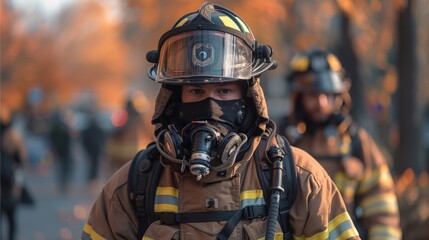 Brave Firefighters in Protective Gear Battle Flames in Autumn Forest During a Challenging Rescue Operation