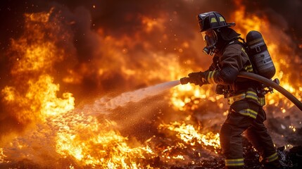 Firefighter Actively Battling a Large Blaze During Daylight Hours in a Forested Area