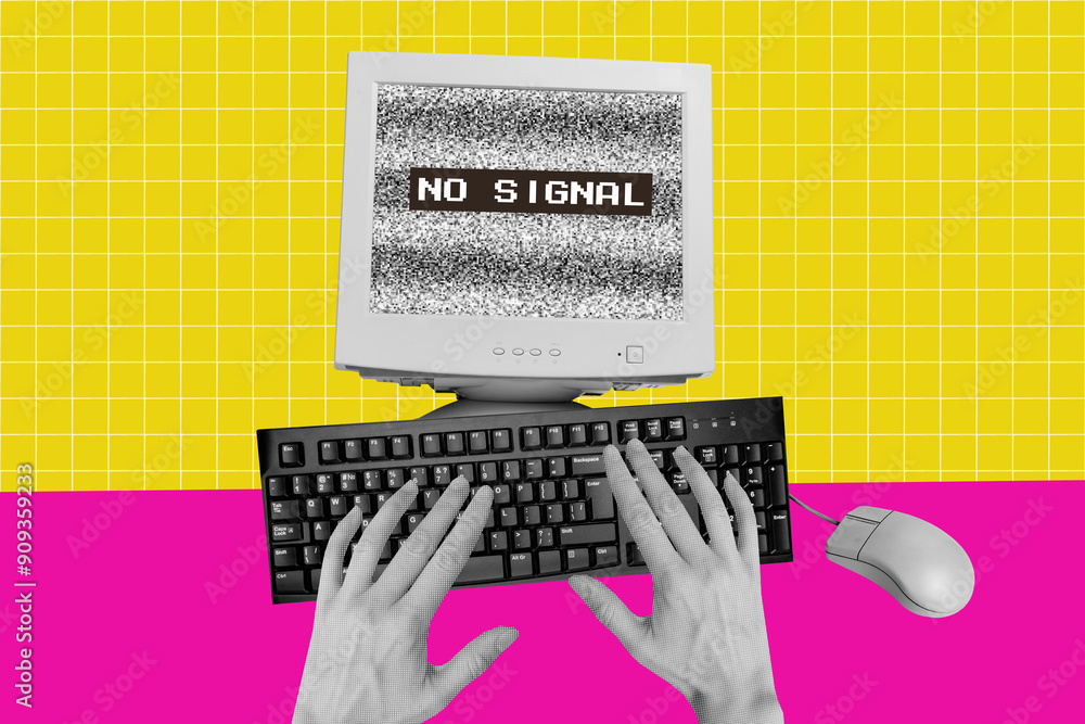 Fototapete composite collage image of broken computer error no signal hand typing keyboard billboard comics zin