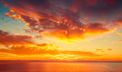 Golden Sunset Sky Over Pacific Ocean with Vibrant Clouds Reflecting on Calm Water