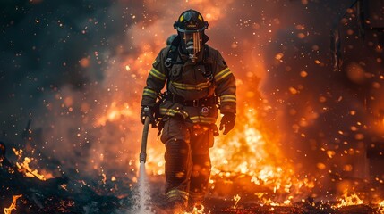 Naklejka premium Brave Firefighter Battling Intense Flames During Nighttime Blaze in Urban Landscape