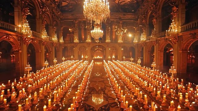A magnificent ballroom filled with rows of glowing candles creates a warm, inviting atmosphere for an elegant evening event