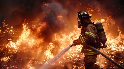 Naklejka premium Brave Firefighter Battles Intense Blaze in Dense Forest During Dusk Hours