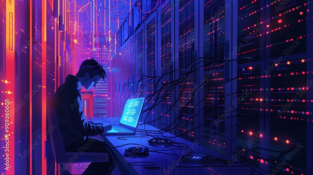 Aufkleber A hacker is focused on a laptop screen, surrounded by glowing server racks, immersed in a late-night data breach operation. Generative AI