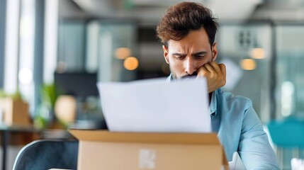 Obraz premium Devastated Businessman Staring at Termination Letter While Packing Belongings in Box
