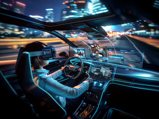 Autonomous car concept. Driverless vehicle., A photo-realistic 4K image showcasing a futuristic scenario where an individual wearing a VR headset is multitasking by driving a car