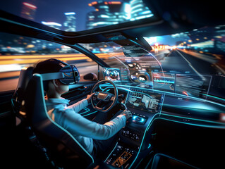 Autonomous car concept. Driverless vehicle., A photo-realistic 4K image showcasing a futuristic scenario where an individual wearing a VR headset is multitasking by driving a car