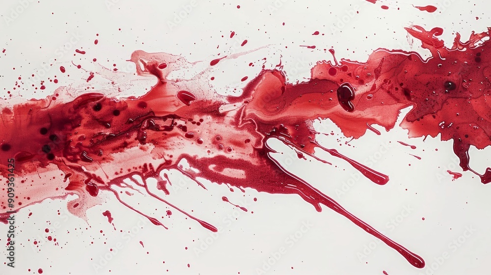 Poster a close-up view of blood droplets splashed across a white surface, isolated for compositing.