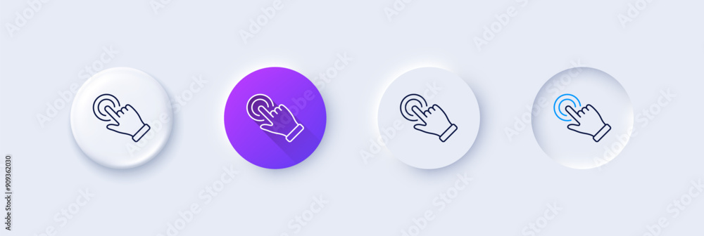 Poster touchscreen gesture line icon. neumorphic, purple gradient, 3d pin buttons. click hand sign. push ac