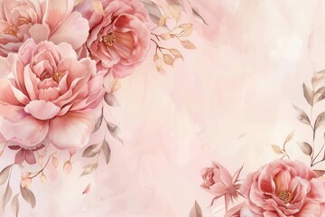 Obraz premium elegant floral banner with delicate watercolor roses and peonies in soft pastel shades arranged on a light pink background with gold accents