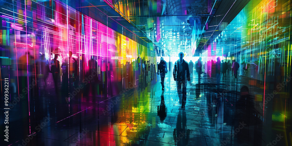 Poster digital art of an endless, multicolored corridor with people walking in the distance, creating a sur