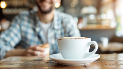 Tranquil Moment at Cozy Cafe - Man Enjoying Coffee and Pastry with Copy Space