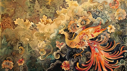 batik motif phoenix with exclusive colors. Beautiful fabric pattern for decoration 