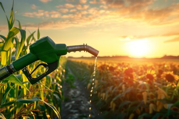 Green fuel nozzle pouring biofuel or gasoline over sunflower and corn field at sunset
