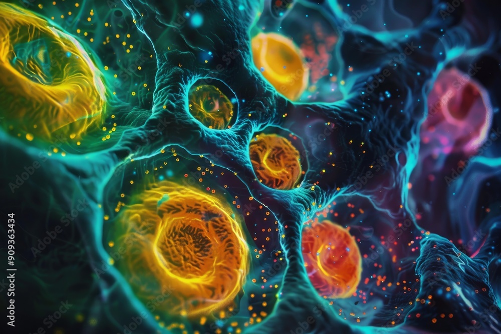 Poster microscopic view of cells dividing and multiplying showing the nervous system