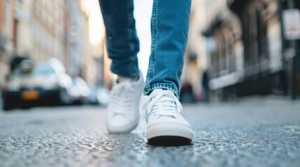 Urban Style: Young Man in Denim Jacket and White Sneakers Strolling Through City Streets