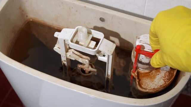 Plumbing old toilet cistern. Somebody try to repair the old and dirty toilet cistern indoor.