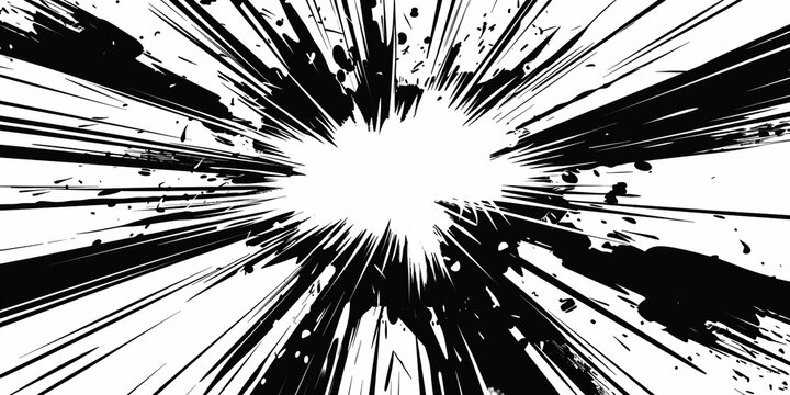 Anime explosion with a white background, simple lines, bold black and white contras