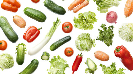 Many Different Fresh Vegetables Floating on White Background, Assorted Colorful Veggies, Organic Produce, Healthy Food Variety, Vibrant Vegetables, Nutritional Ingredients,