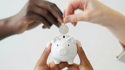 Collective Savings - Diverse Hands Holding Coins Above Piggy Bank for Saving Money Concept
