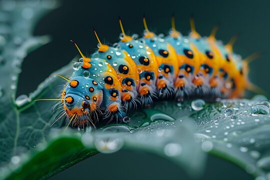 Vibrant Caterpillar on Dewy Leaf - Powered by Adobe