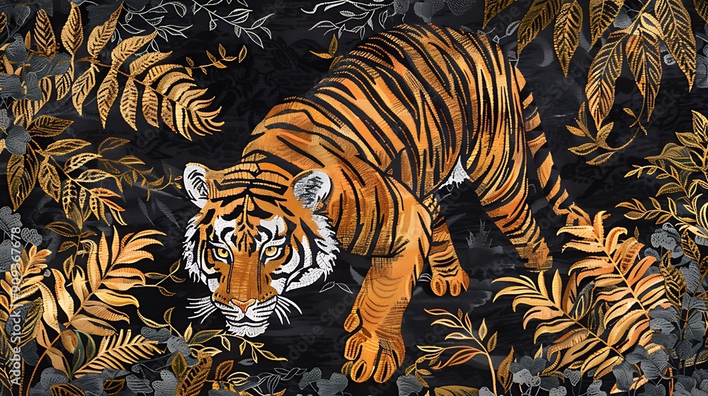 Wall mural batik motif tiger with exclusive colors. beautiful fabric pattern for decoration