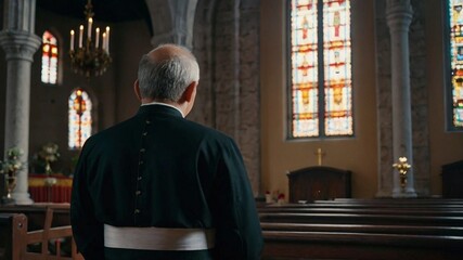 Naklejka premium captivating back photo of a priest standing in a church, captured in a unique pose, beautifully highlighting the serene ambiance and profound spiritual essence of the sacred space, offering a deep gli