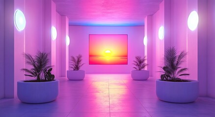 A Minimalist Hallway with a Sunset Artwork and Plants