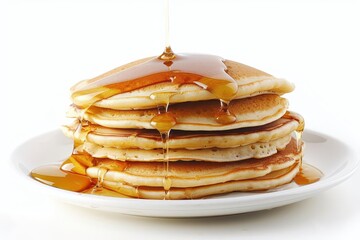 stack of golden pancakes on white plate honey drizzling down sides isolated on crisp white background soft shadows for depth