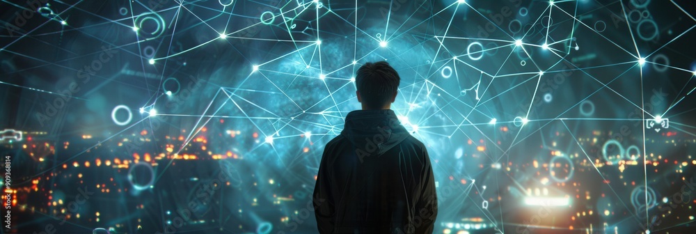 Poster A hacker stands on a rooftop, observing the city lights while analyzing digital data streams and connections illuminating the night sky. Generative AI