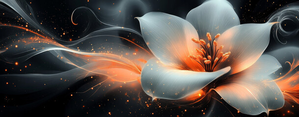 Abstract art, white and black flowers, white background, elegant, beautiful, modern, fluid lines, delicate curves, golden accents, in the style of photorealism