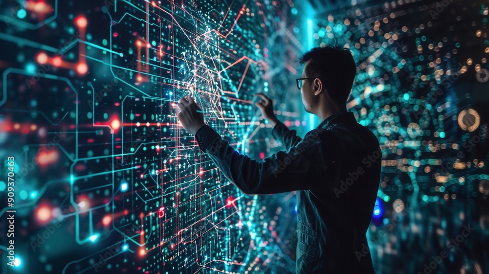 Poster A hacker interacts with a digital interface, manipulating data visualizations in a dark, futuristic setting filled with colorful lights. Generative AI