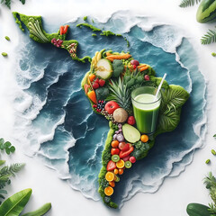Mapa da América Latina com Frutas, Legumes e Verduras