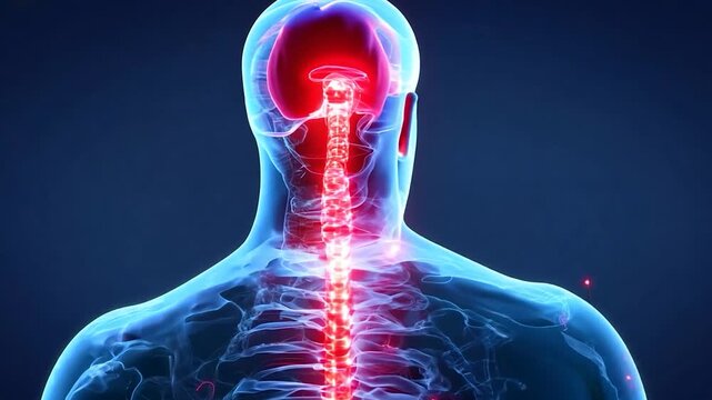 A glowing representation highlights the spinal cord and brain connection in a human figure, emphasizing the importance of the nervous system