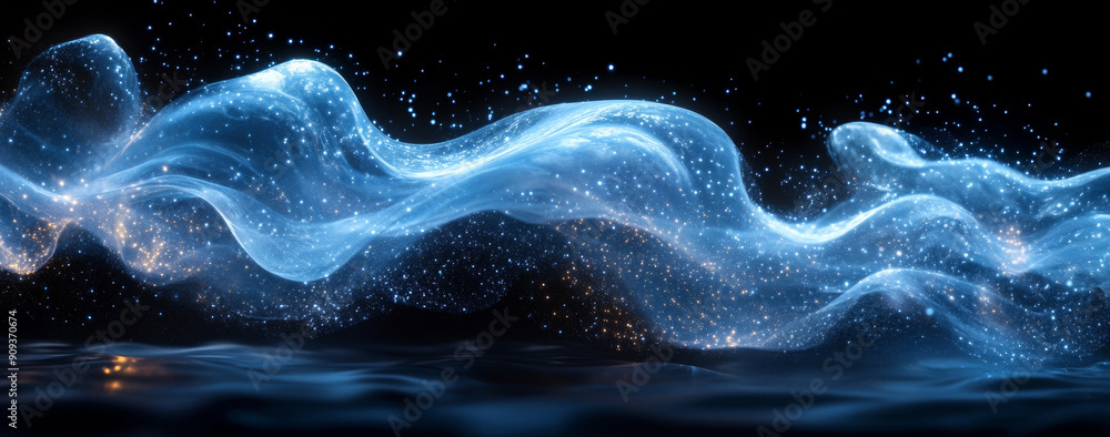 Poster 3d render of an abstract blue and white wave on a black background, with abstract shapes in a fluid 