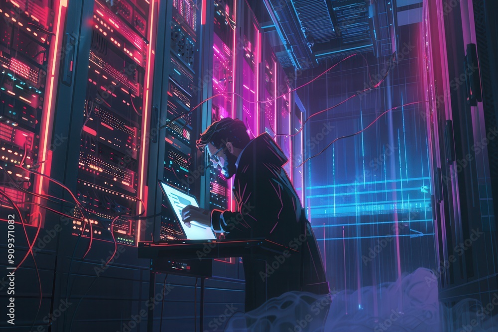 Fototapete A hacker types furiously on a laptop, illuminated by vibrant neon lights, while surrounded by rows of servers in a dimly lit data center. Generative AI