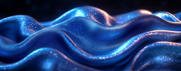3D render of a blue abstract background with flowing silk cloth in the style of metallic texture, liquid metal