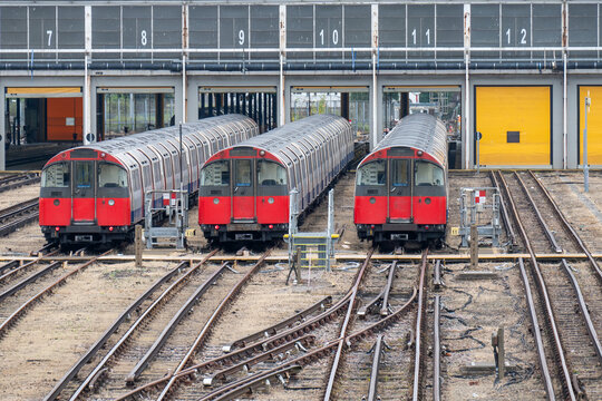View of  Piccadilly Line trains stabled at Northfields Depot