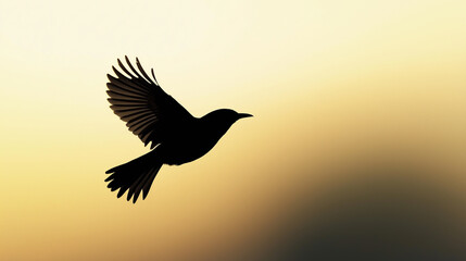 Obraz premium Silhouette of Bird in Flight Against Yellow Sunset Background for Nature-Themed Designs, Wildlife Photography, and Peaceful Scenery Concepts