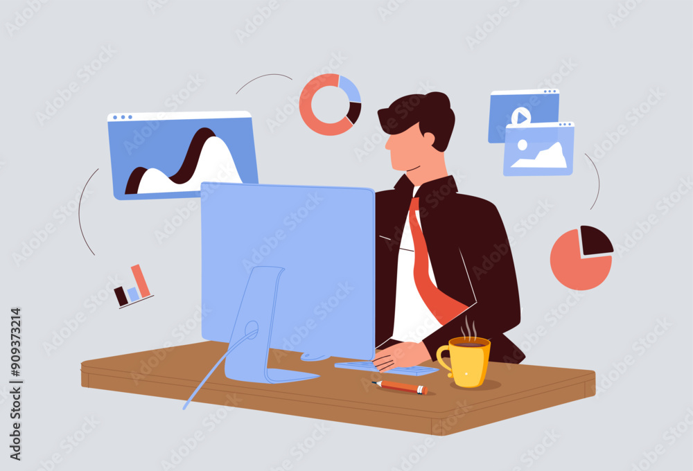 Poster businessman marketer working at the computer in the office, vector flat illustration of programmer, 