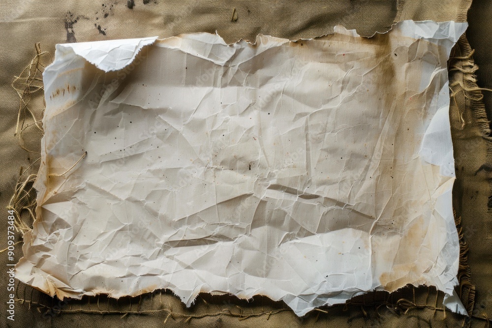 Poster blank ripped paper with stained edges on canvas background, providing copy space for your message