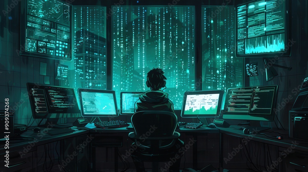 Leinwandbilder a hacker is focused on programming tasks late at night, surrounded by multiple glowing computer scre