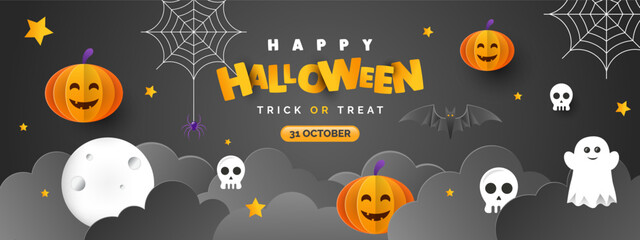 Illustration of Halloween background or cover banner with pumpkins, bats, spider,  cute ghost in paper cut style vector