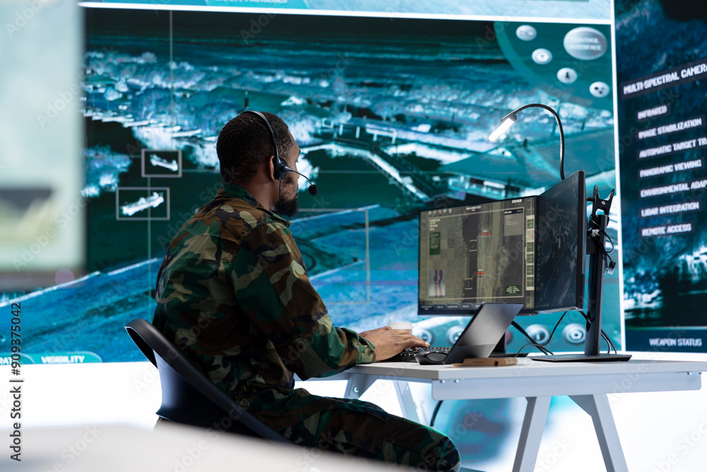 Poster military personnel in a modern command center work on data processing, integrating real time surveil