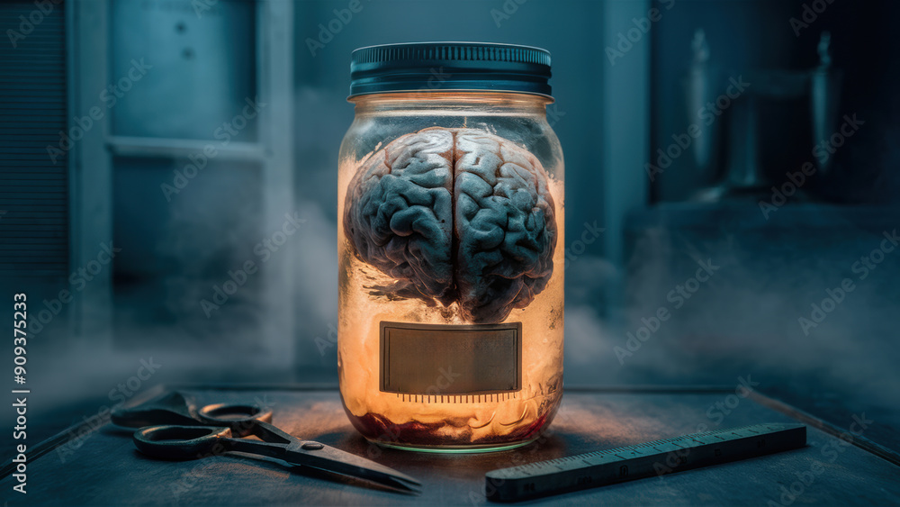 Poster a jar with a brain inside and scissors on the table, ai
