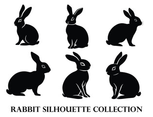 Elegant Rabbit Silhouettes in Various Poses - Pure Black and White Stock Collection