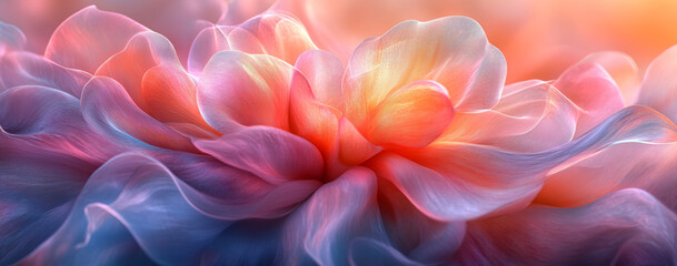 Obraz premium A digital art illustration of an abstract flower, with petals that blend into the background and create a sense of movement and fluidity. The colors include soft pinks, oranges, and purples